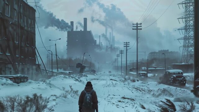 Lone figure traverses desolate, urban wasteland with snow. Abandoned cars and crumbling buildings frame a dystopian cityscape in an industrial complex during a post apocalyptic nuclear winter