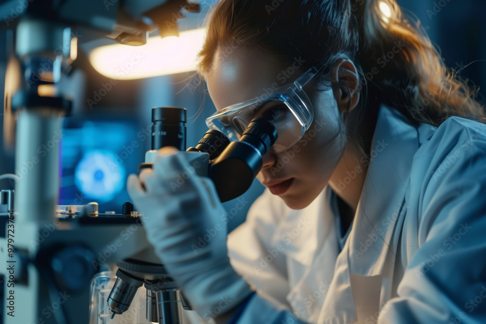 Wall mural female scientist working with a microscope in a laboratory.