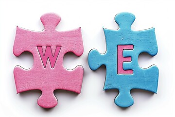 Obraz premium Two separated puzzles with the text “We”, pink and blue, on a white background symbolize teamwork. Top view.