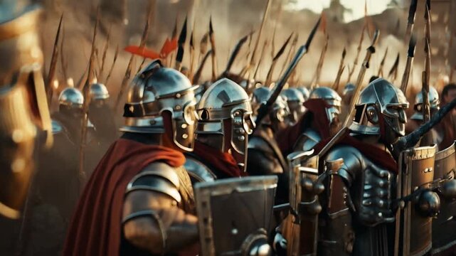Roman legionary in battle formation. Armored soldiers with helmet and red cape facing army of spears. Ancient warfare scene with blurred background of troops ready for the war against the barbarians