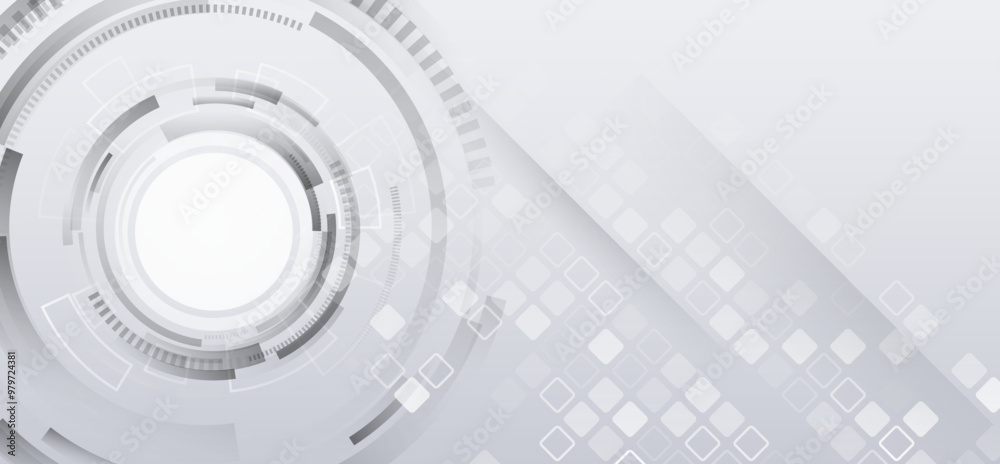 Poster Advanced communication technologies. Gray and white futuristic background. Vector illustration template. Abstract innovation background from technological elements.