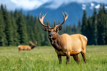 Fototapeta premium Olympic National Park's wildlife, including Roosevelt elk grazing in the meadows of the rainforest