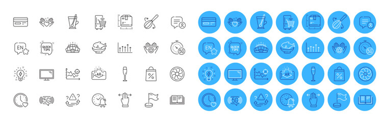 Monitor, Alarm bell and 5g wifi line icons pack. Package size, Inspiration, English web icon. Arena stadium, Attention, Favorite pictogram. Chat bubble, Growth chart, Seafood. Vector