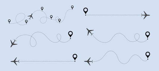 Airplane line path vector design, Air plane flight route with line trace vector illustration. Dashed route travel concept, Airplane line path vector