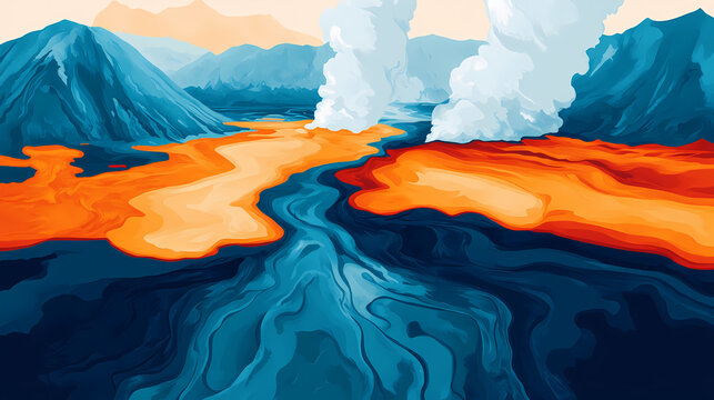Geothermal energy flat design top view volcanic area water color split complementary color scheme. Complementary Colors. Illustration
