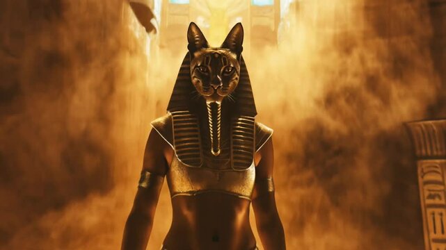 Egyptian cat goddess figure of Bastet. Golden light and smoke effects, with hieroglyph covered pillars of a temple. Mythical feline headed deity in traditional garb. Mysterious and ethereal atmosphere