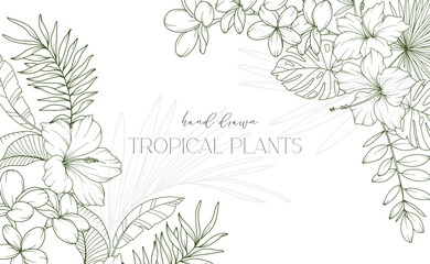 Floral Frame. Line Art Tropical Plants. Floral Line Art. Flower Coloring Page. Fine Line Tropical Greenery illustration. Hand Drawn flowers. Tropical Wedding invitation flowers