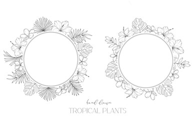 Floral Frame. Line Art Tropical Plants. Floral Line Art. Flower Coloring Page. Fine Line Tropical Greenery illustration. Hand Drawn flowers. Tropical Wedding invitation flowers