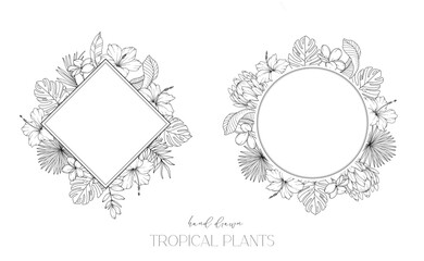 Floral Frame. Line Art Tropical Plants. Floral Line Art. Flower Coloring Page. Fine Line Tropical Greenery illustration. Hand Drawn flowers. Tropical Wedding invitation flowers