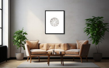 Fototapeta premium generated illustration of picture frame hanging on a wall in a minimalist living room with a modern, soft glow