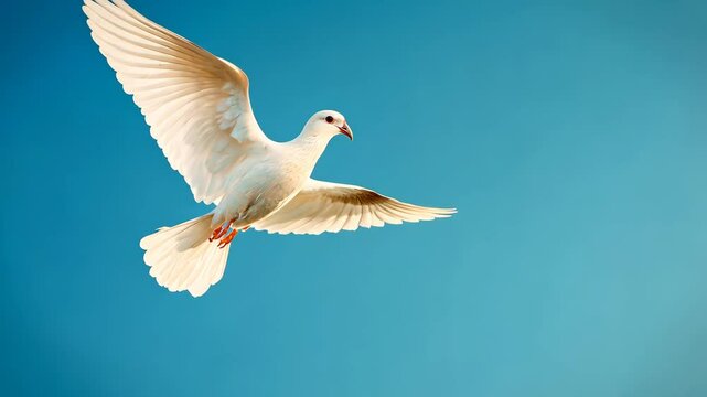 Elegant white dove soaring against a clear blue sky during a tranquil afternoon in a peaceful setting