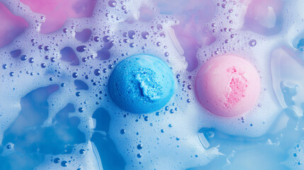 Fizzy bath bombs on a colorful foam background