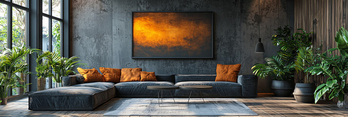 Naklejka premium Modern living room with a gray sectional sofa, large windows, and a large painting on the wall.