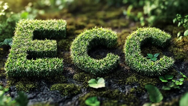 Green letters made of grass spell ECC, surrounded by lush vegetation in a vibrant natural setting