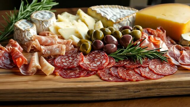 Delicious charcuterie board with cheeses, cured meats, olives, and herbs for a festive gathering