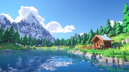 Tranquil 3D Cube World: Mountain Retreat with Cabins, Lake, and Pixelated Nature Enthusiasts