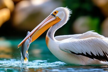 Pelican scooping up fish with its pouch, the water splashing around its beak