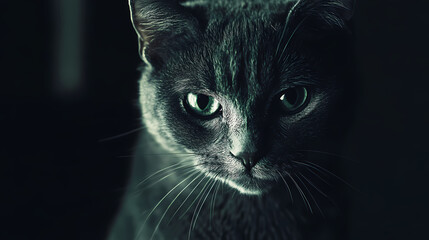 Grey cat with tearful eyes, sitting alone, looking at the camera, in a dimly lit room. Dimly Lit. Illustration
