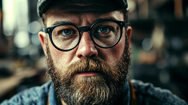 Craftsman focuses intently on his work in a busy workshop showcasing woodworking tools and projects during the afternoon