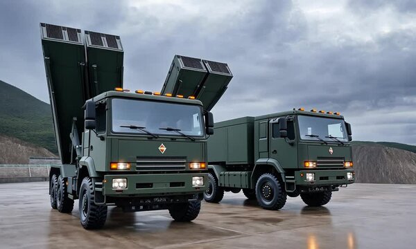Two military truck launchers showcase their operational readiness in a mountainous area, rising to the challenge of a training exercise under cloudy skies