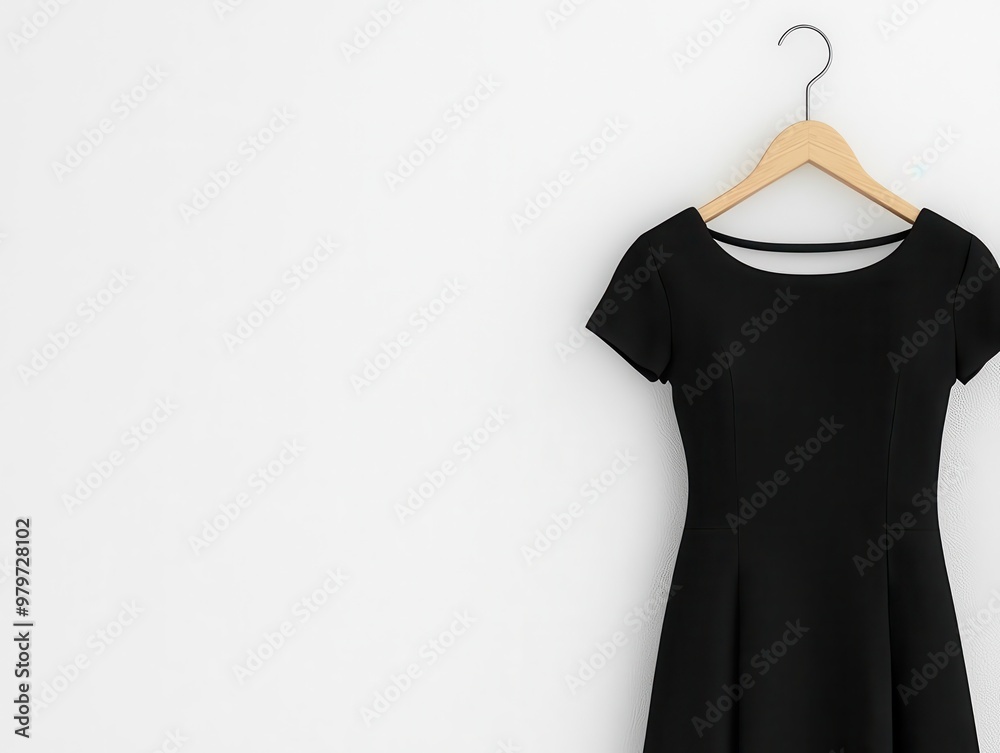 Wall mural Simple black dress on a sleek metal hanger, neatly displayed against a minimalist white background