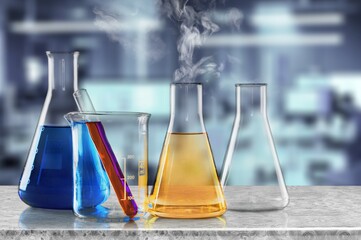Laboratory glassware test tubes with set of colorful liquids