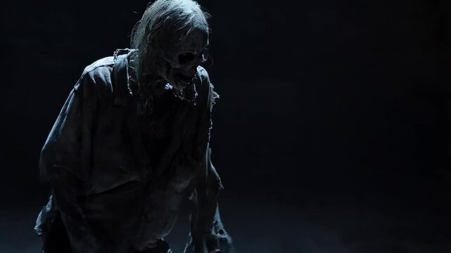 Creepy zombie weird dance movements on dark background
