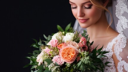 Naklejka premium A beautiful bride gracefully holds a vibrant bouquet, symbolizing love, beauty, joy, and celebration on her special day.