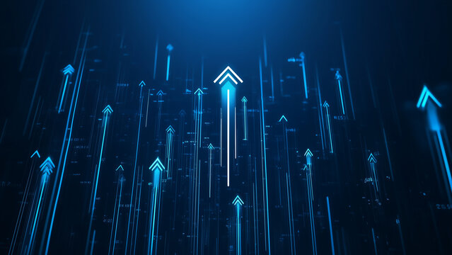 Set of bright blue arrows pointing upward on a dark blue background. For progress, achievement, increase, upward, and business growth concepts.