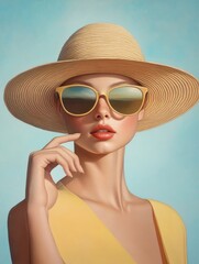 Fototapeta premium A beautiful woman in sunglasses and a straw hat, exuding summer style, relaxation, and confidence. The image represents carefree living, beach vacations, and sun-kissed days.