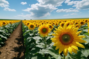 Sunflowers blooming in Kansas, with endless rows of golden flowers under the vast Midwestern sky