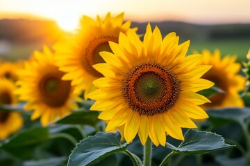 Fototapeta premium Sunflowers facing the sunrise in Provence, France, their golden petals glowing in the early morning light