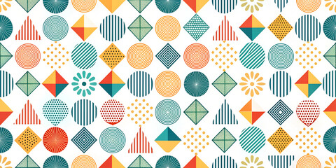Bright geometric pattern with triangles, circles and lines in a variety of designs and colors.
