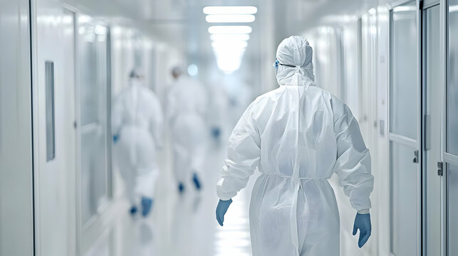 A Person in a White Protective Suit Walks Down a Sterile Hallway, Clean Room, Modern Medical Facility,  Industrial Clean Room - Powered by Adobe