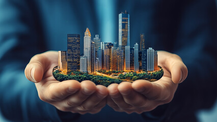 A close-up of a businessman holding a vibrant cityscape in his palms, symbolizing city architecture, urban development, and future cityscape concepts.