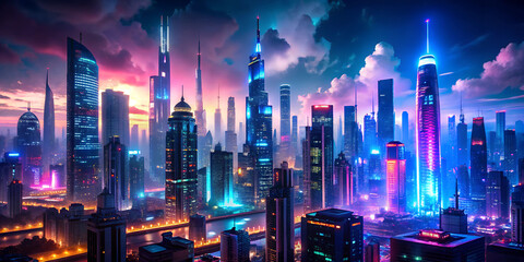 Futuristic cityscape at sunset with neon lights and high-rise buildings. The sky is colored in purple and blue tones