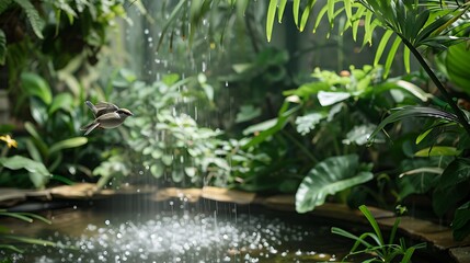 A small sparrow flies by a water feature that is enveloped by lush greenery