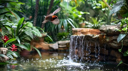 A small sparrow flies by a water feature that is enveloped by lush greenery