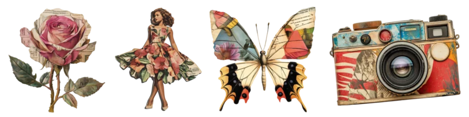 Photo sur Plexiglas Retro elements, rose, girl, camera, butterfly, cut from a magazine and newspaper.  Collection for modern collage Grunge stickers, png, transparent background.