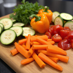 A wooden cutting board filled with freshly sliced vegetables 
