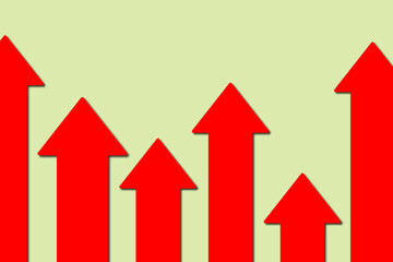 Increasing concept. Vibrant, multiple, red arrows pointing upwards against a light backdrop. For development, increase, growth, and upward concepts.