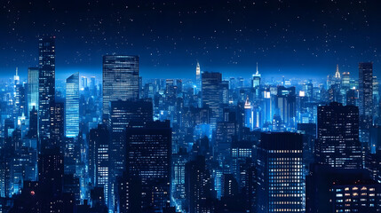 Obraz premium A dark blue cityscape at night, with skyscrapers lit up against the sky