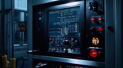 A close-up shot of a modern CNC machine control panel with a digital interface displaying data and settings, representing precision, automation, and industrial technology.