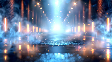 Fototapeta premium Abstract Blue and Orange Neon Lights Glow in a Dark Urban Street Scene with Smoke and Fog