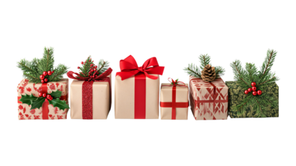 Christmas gift boxes wrapped in festive paper, isolated on transparent background