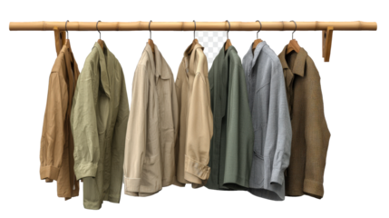 Bamboo hanger displaying a variety of coats and jackets