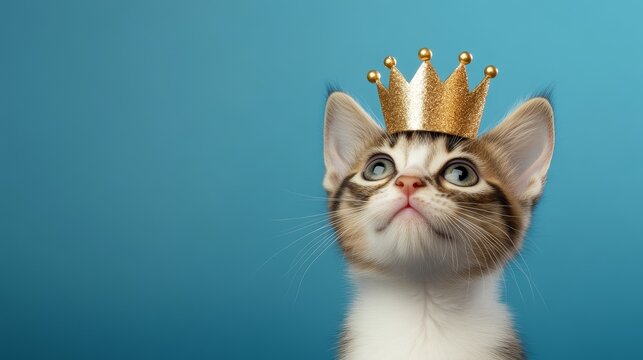 A cute kitten with big eyes is wearing a golden crown.  It's looking up,  possibly thinking about its future as a royal pet.