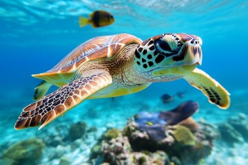Obraz premium Trinidad and Tobago's diverse marine life, with snorkelers swimming alongside sea turtles, rays, and colorful fish