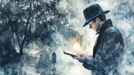 A detective in a trench coat and fedora stands in a misty forest, reading a book that glows with light, searching for clues in a mysterious message.