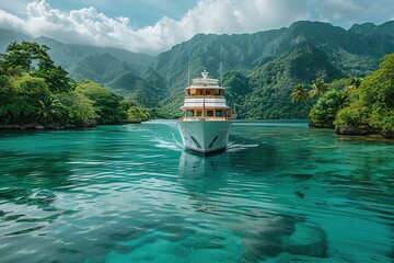 A large boat is sailing in the ocean near a mountain range